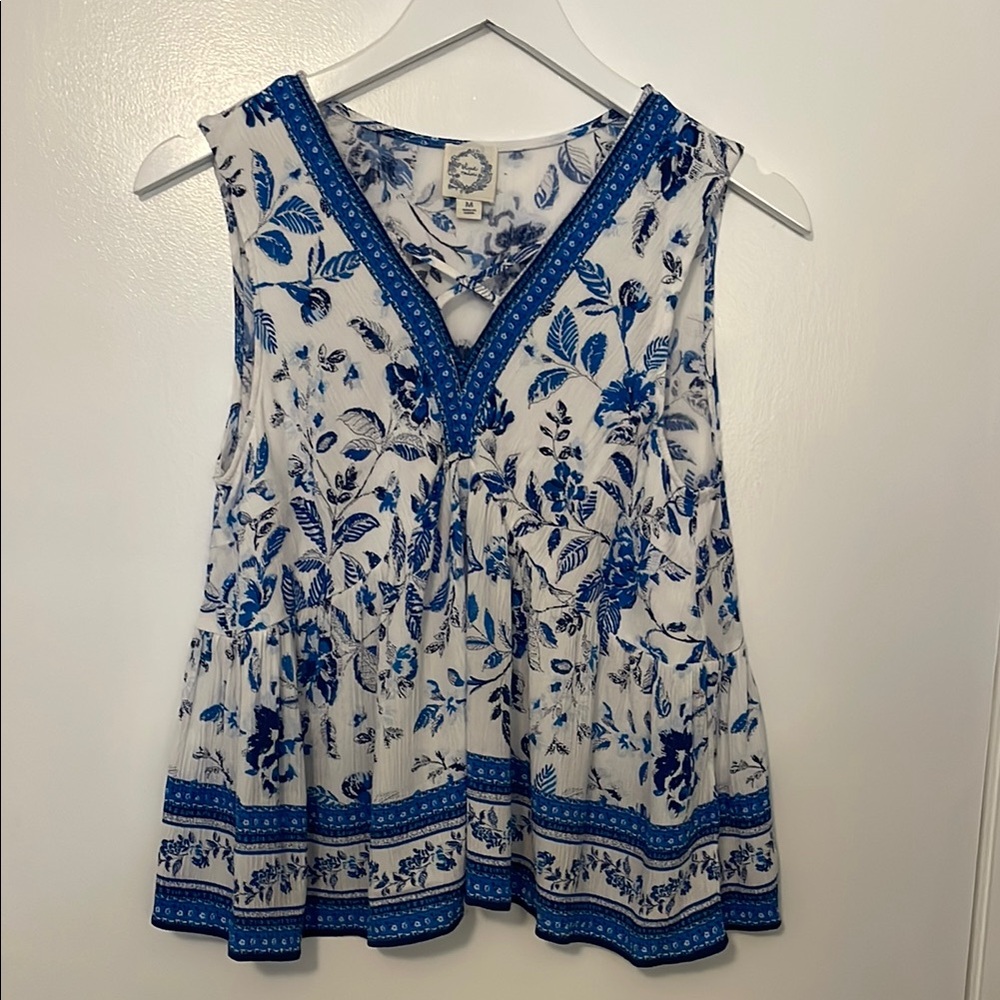 Blue Rain Sleeveless Printed Blouse Blue and White